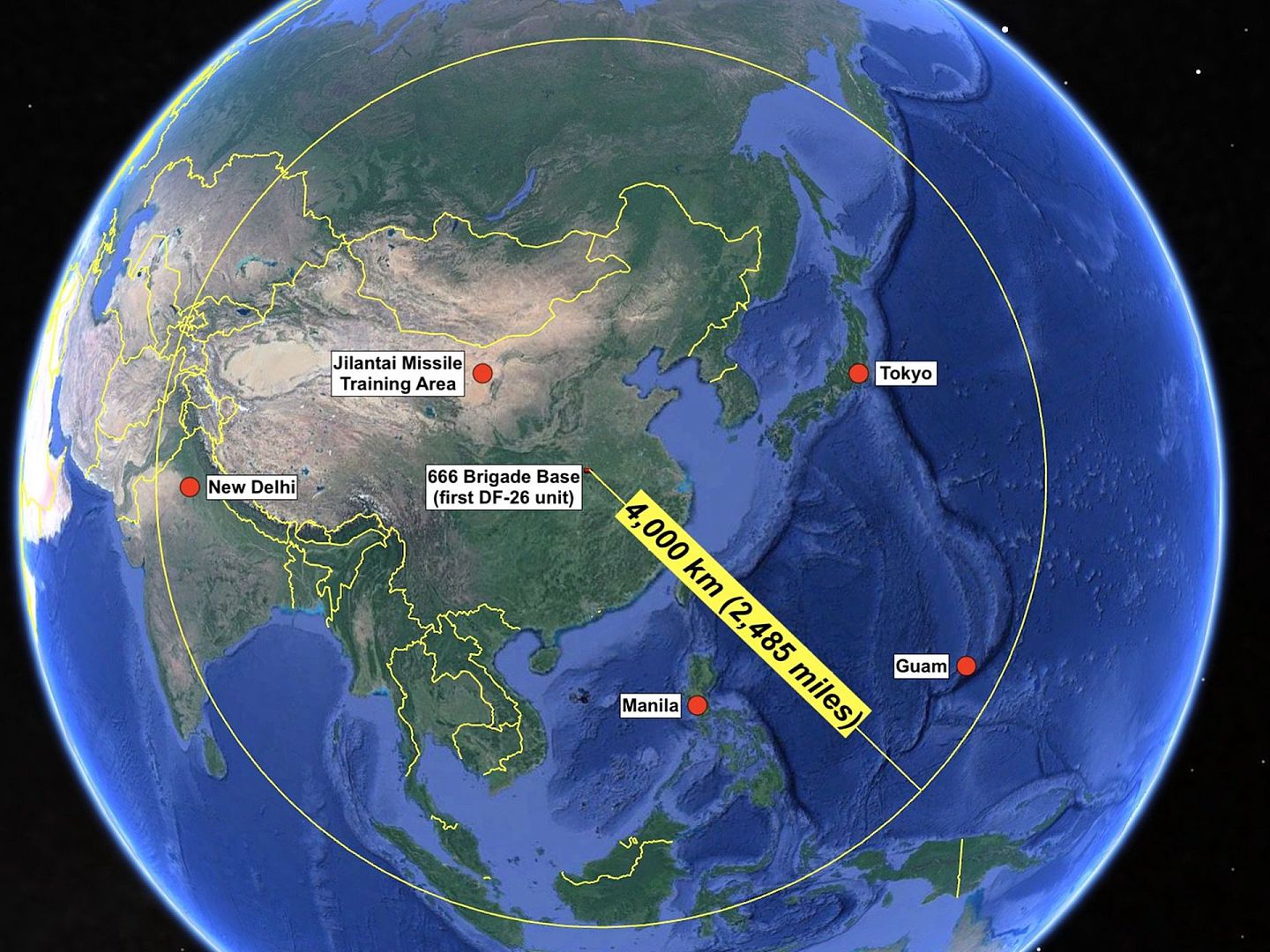 中国火箭军东风-26弹道导弹射程覆盖区域。（谷歌地球截图）