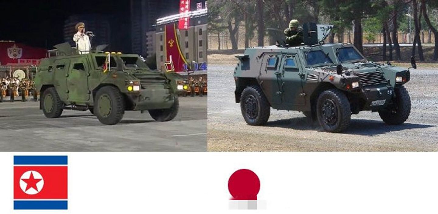 2020年10月10日，朝鲜在平壤举行大阅兵，展示多种新型武器装备。图为朝鲜装甲车与日本装甲车对比。（微博@Armstrong的空军之翼）