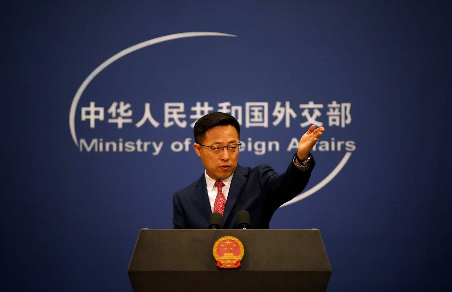 中国外交部发言人赵立坚10月13日呼吁美国取消对台军售计划。 （Reuters）