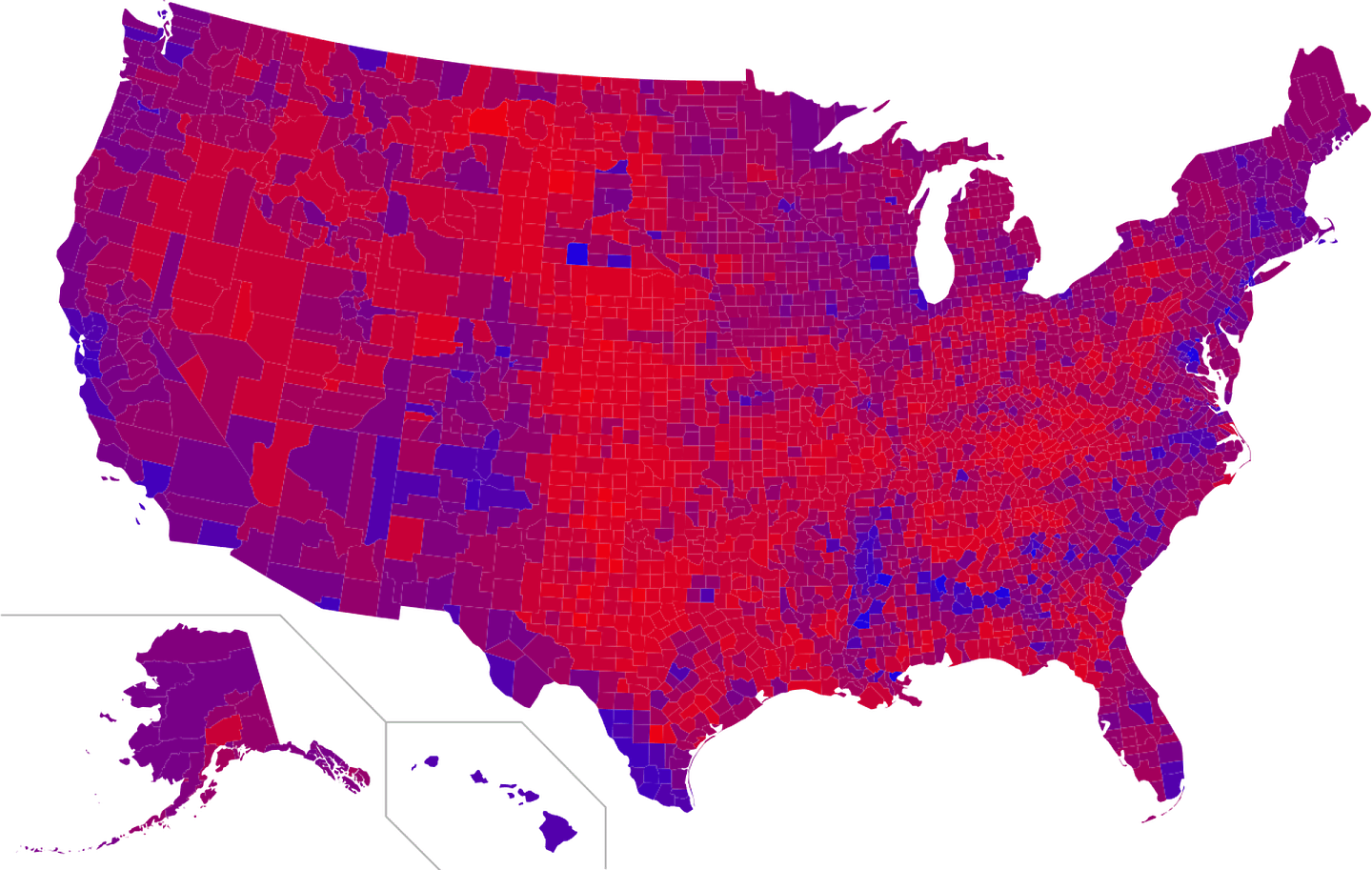 2016年美国总统大选各县结果，红色或蓝色的深浅代表特朗普或希拉里的胜率。（维基百科公共领域，Ali Zifan）