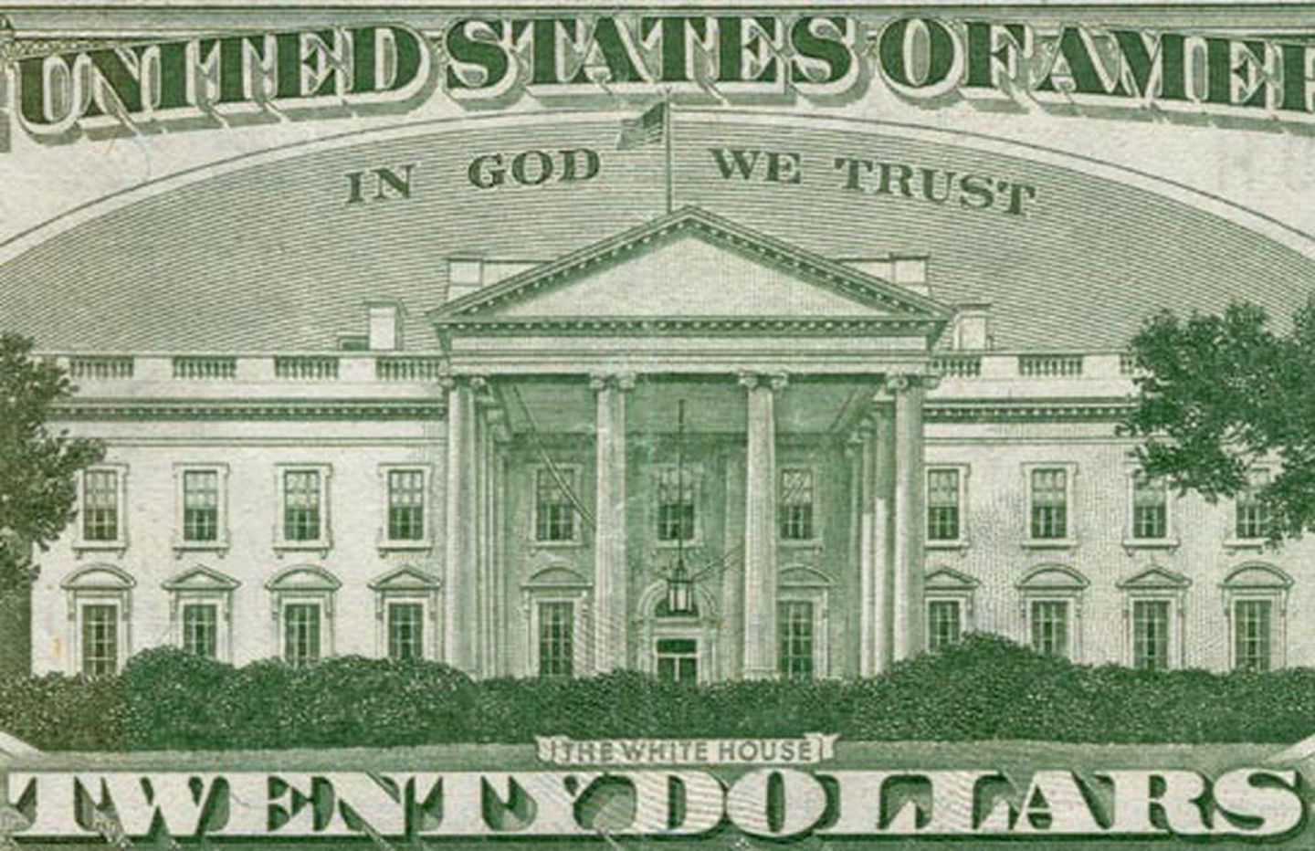 印有“In God We Trust”（我们信仰上帝）的20元美元纸钞。（公共领域）