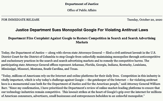 谷歌遭美国司法部起诉！四科技巨头或遭强制拆分（图） - 1