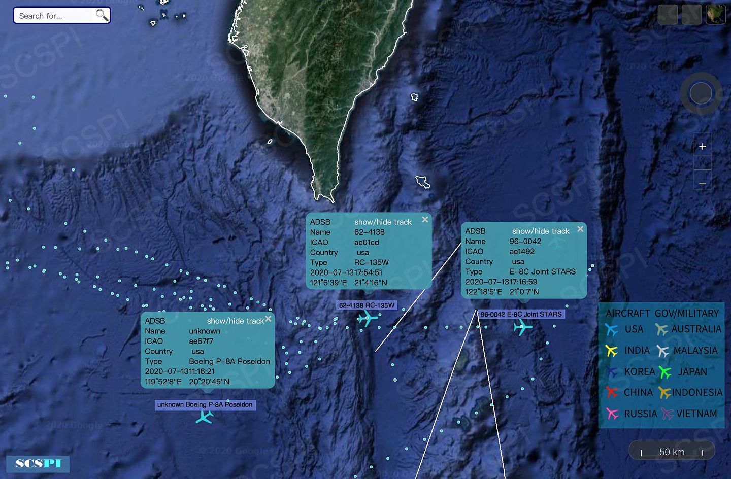 中国研究机构北京大学海洋战略研究中心（South China Sea Strategic Situation Probing Initiative，SCSPI）7月13日发布的卫星图显示，多架美国军机出现在台湾海峡南端。（Twitter@SCS Probing Initiative）