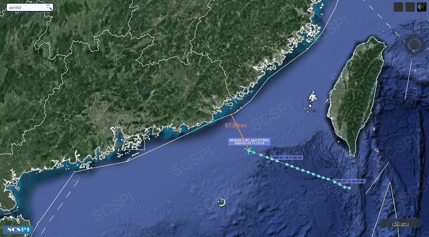 7月13日，美国军机在中国沿海进行侦察卫星图。（Twitter@SCS Probing Initiative）