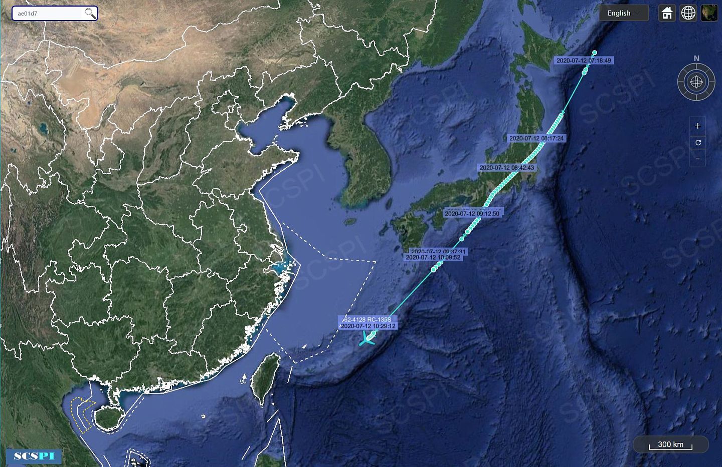 7月12日，一架美军RC-135侦察机出现在中国东海防空识别区附近。（Twitter@SCS Probing Initiative）