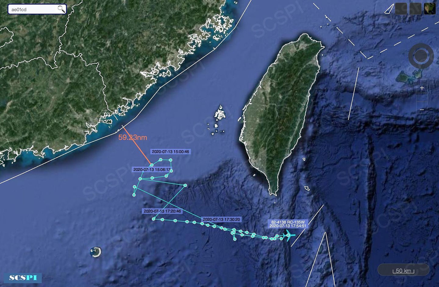 7月13日，美国军机在中国沿海进行侦察，飞行路线卫星图。（Twitter@SCS Probing Initiative）