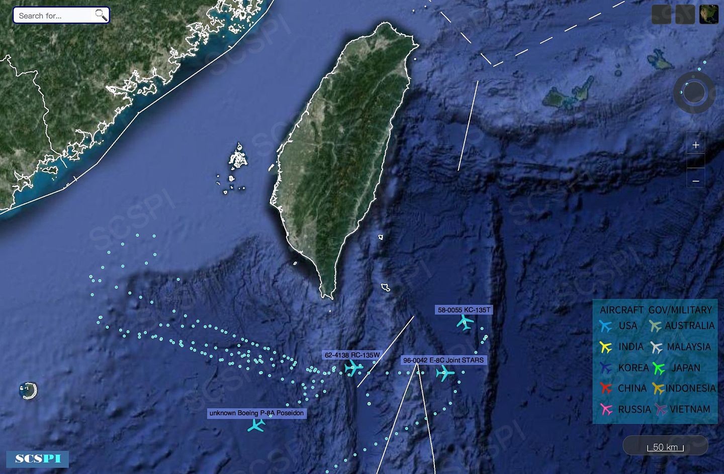 卫星图显示，美军RC-135侦察机、P-8A反潜巡逻机等在台湾海峡南端、以及中国沿海附近飞行路线。（Twitter@SCS Probing Initiative）