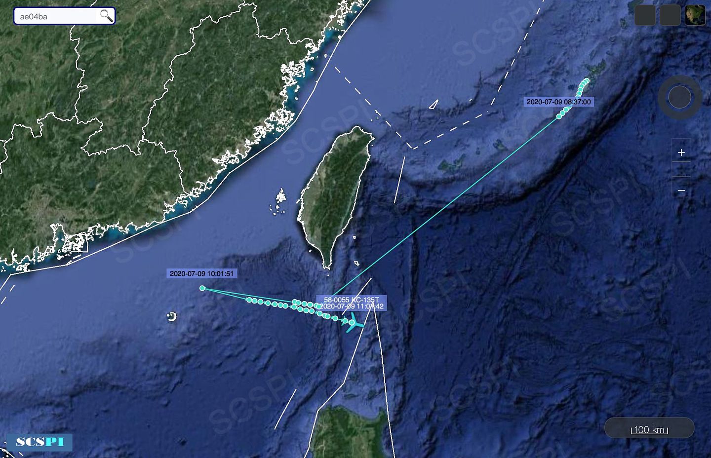 7月9日，美国军机在中国沿海进行侦察卫星图。（Twitter@SCS Probing Initiative）