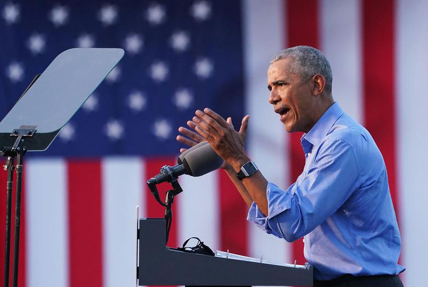 10月21日，美国前总统奥巴马在费城首次为民主党总统候选人拜登助选，发表演说猛烈抨击现任总统特朗普。 （Reuters）