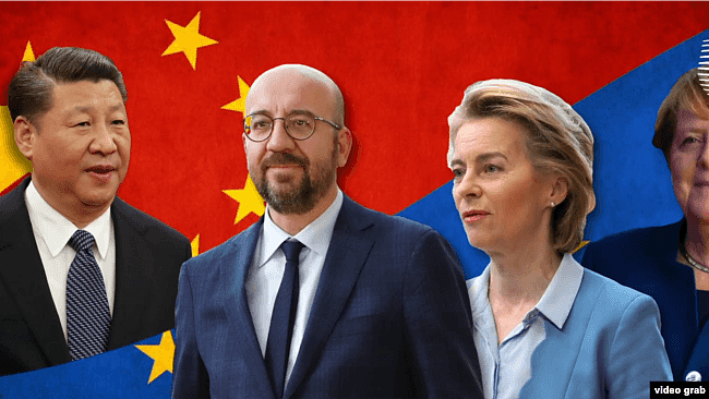 2020年9月14日中欧领导人举行视频峰会(欧盟网站视频截图)