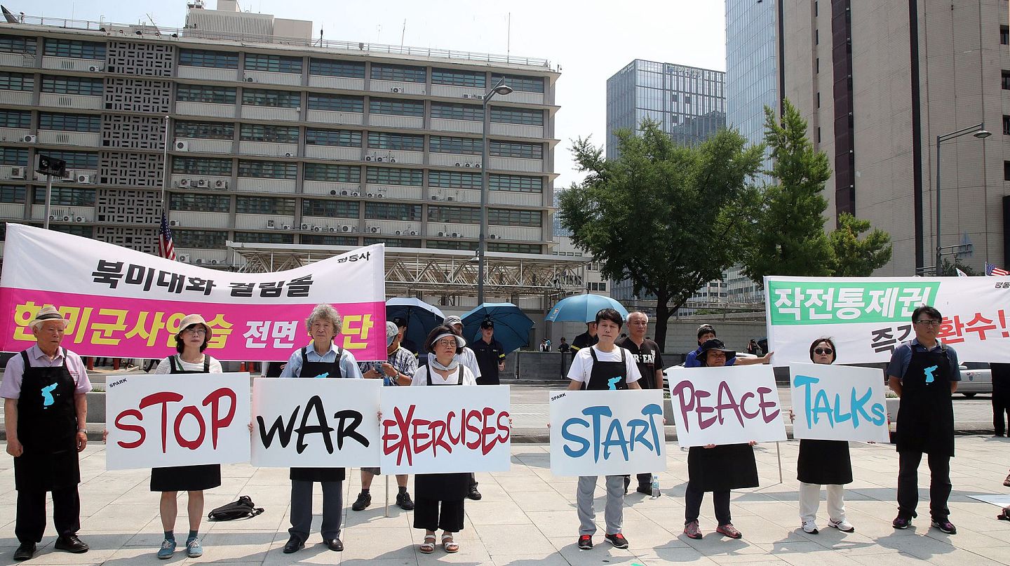 当地时间2019年8月5日，韩国首尔，美国与韩国当天开始举行联合演习，为期约半个月。 美韩军演遭到许多民众反对。 （视觉中国）
