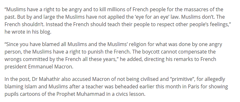 马来西亚前总理马哈蒂尔怒了，称穆斯林有权屠杀上百万法国人（组图） - 2