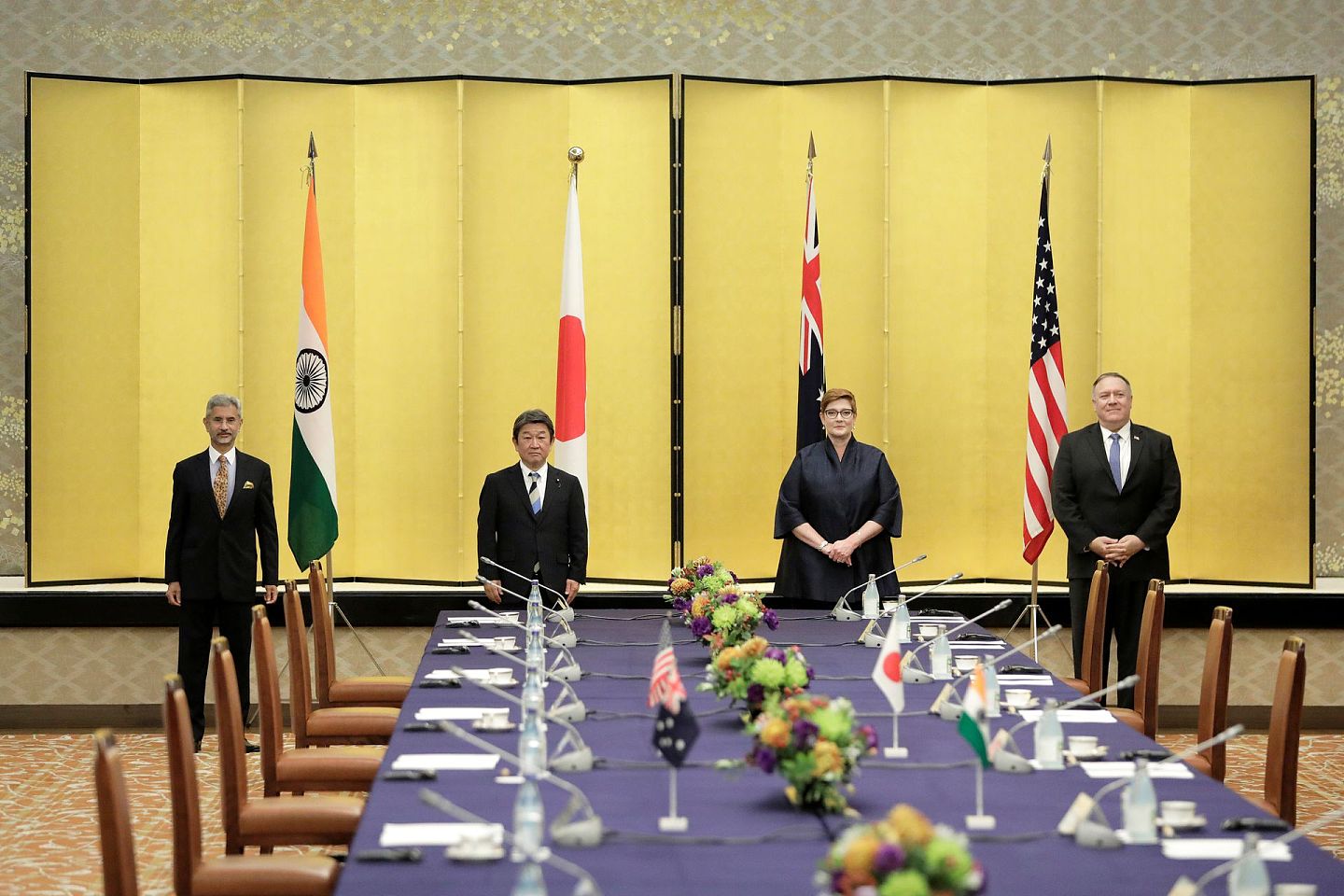 2020年10月6日，美日印澳外长参加在日本东京举行的四方部长级会议。（Reuters）