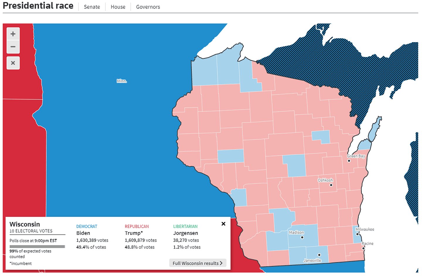 一眼看去，威斯康星州拥有较高“染红”比例，但人口集中的城市地区则为民主党“票仓”所在，成为构成拜登主要基本盘。（Reuters实时点票情况截图）