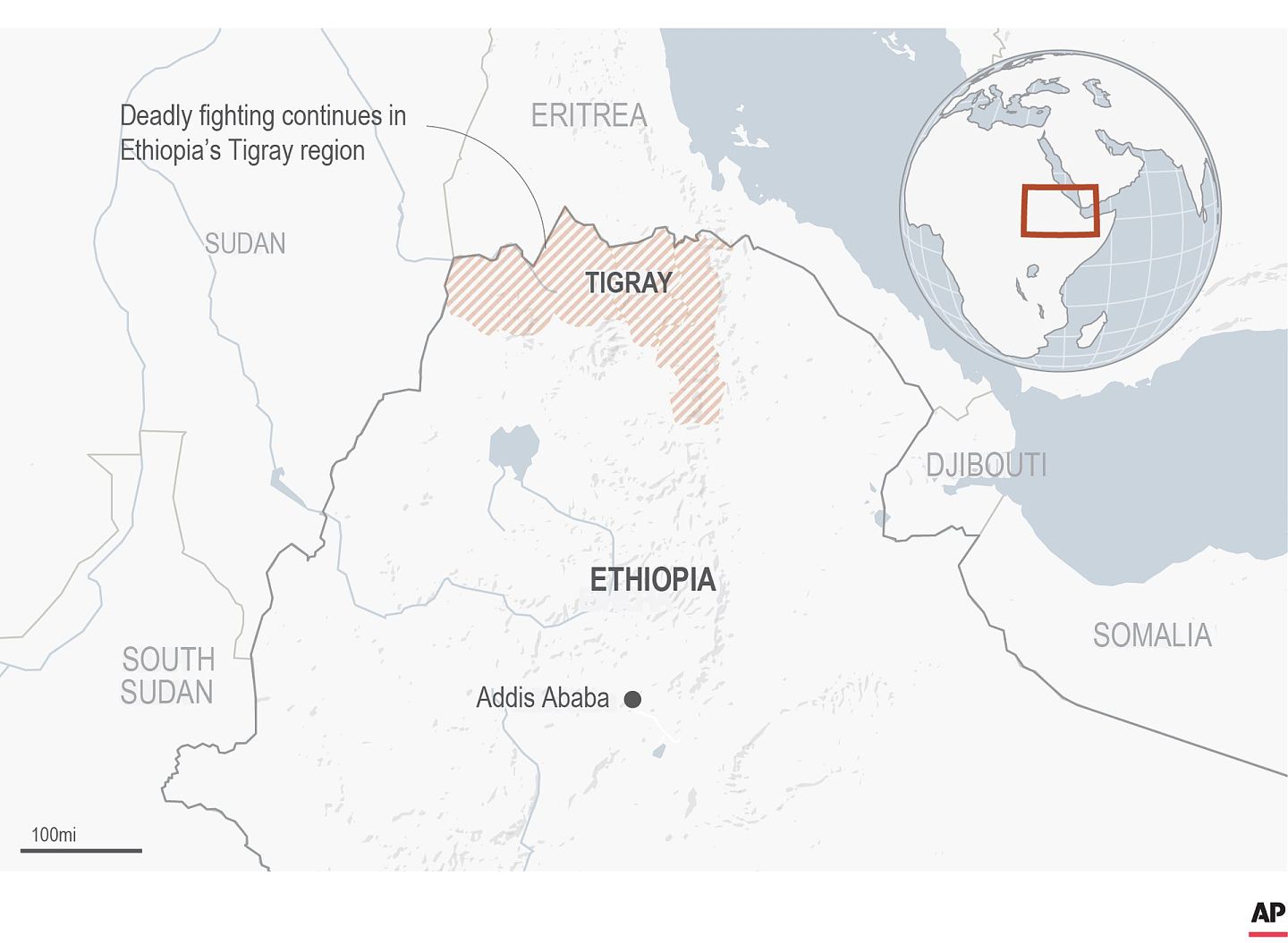 埃塞俄比亚提格雷地区（红色条纹）。(美联社)