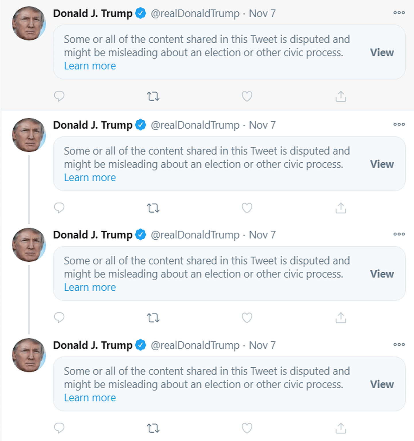 大选期间，特朗普发的推文接连受到Twitter的审查，被隐藏、加警示性标签或澄清不实信息。（Twitter）