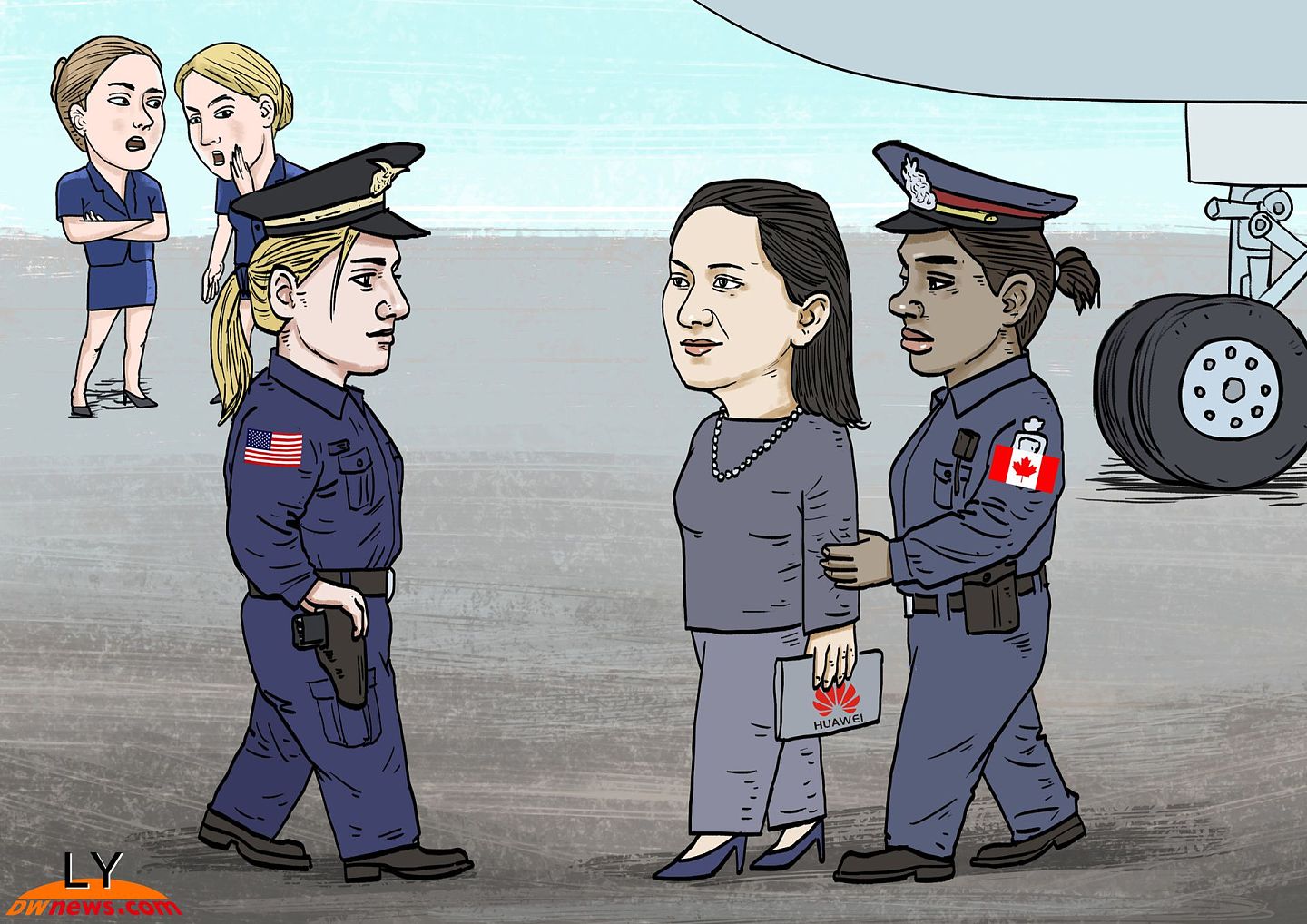 2018年12月1日孟晚舟在加拿大转机时遭遇美国与加拿大事先计划的逮捕行动，而后特朗普曾试图将孟晚舟作为与中国谈判的筹码。