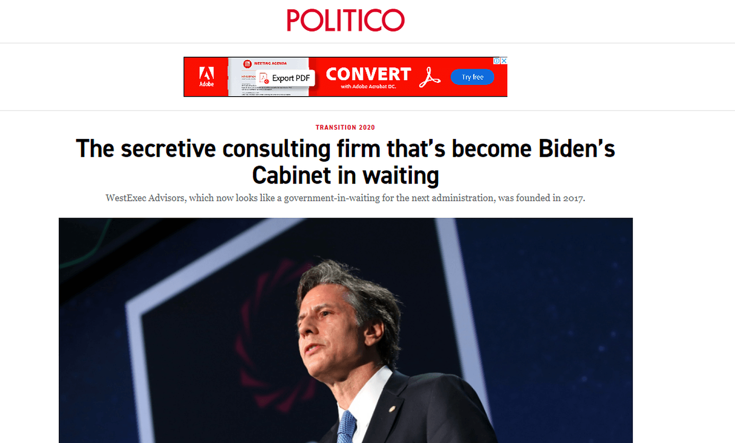 美国政治媒体Politico以“秘密的”（secretive）形容WestExec Advisors这间战略顾问公司。（Politico网页截图）