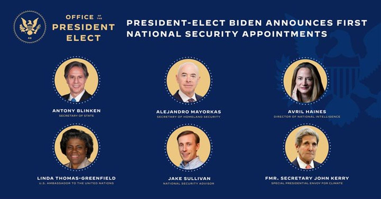 图为拜登过渡团队11月23日发布的图片，公布拜登政府六名高官人选，其中布林肯和海恩斯现任职或曾任职WestExec Advisors。（Twitter@Joebiden）