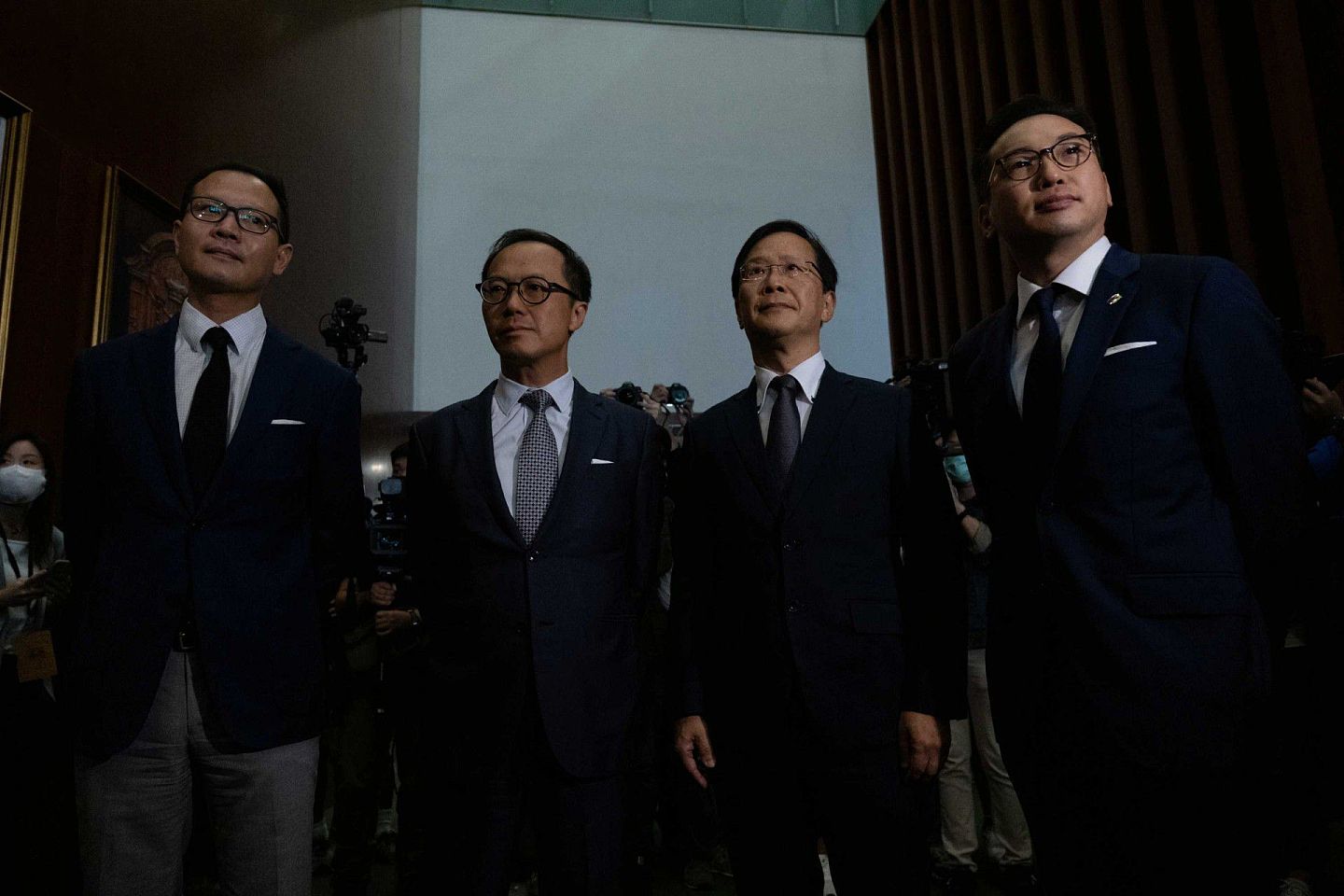2020年11月11日，被取消立法会议员资格公民党杨岳桥、郭荣铿、郭家麒和梁继昌出席记者会。（HK01）