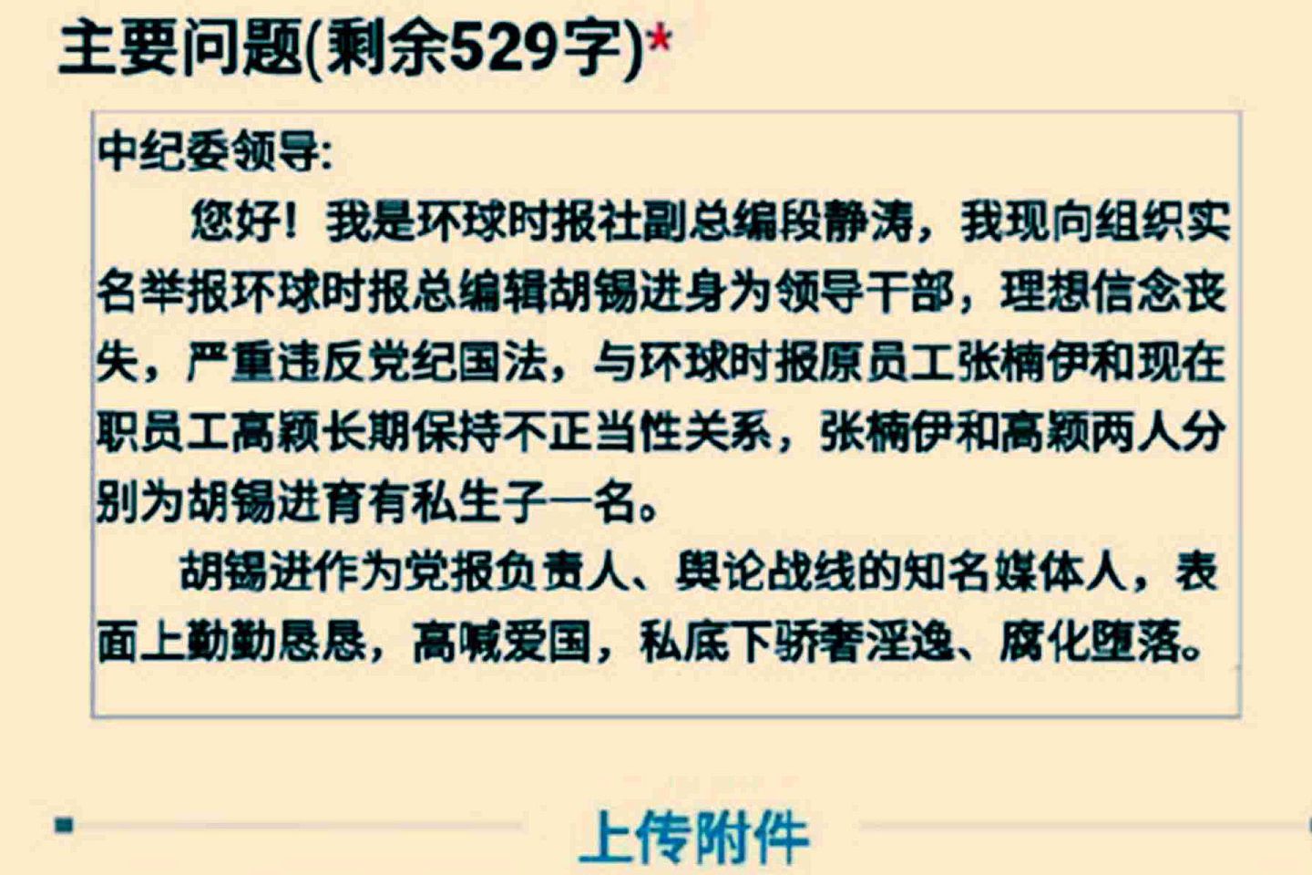 《环球时报》副总编辑段静涛实名举报胡锡进，图为段静涛描述的主要问题。（微博@果爸1975）