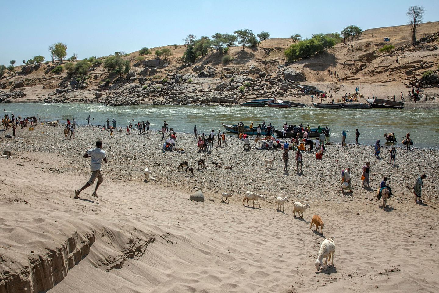 11月21日，苏丹与埃塞俄比亚的边境地区，难民渡过特克泽河。（Nariman El-Mofty／美联社）