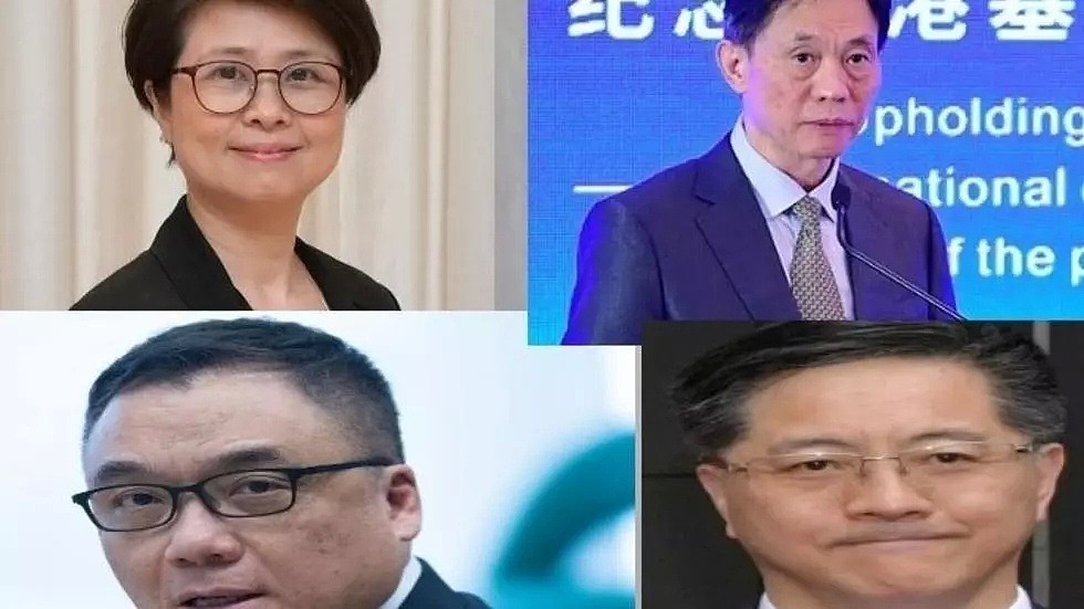 新被美国制裁的四名中港官员，左上起：刘赐蕙、邓中华、李桂华及李江舟