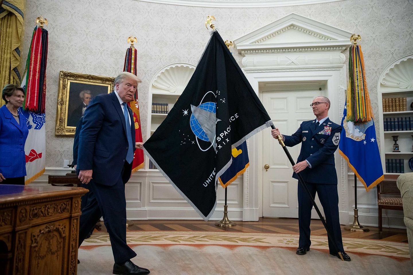 2020年5月15日，美国总统特朗普（Donald Trump）在白宫主持了太空军军旗亮相仪式。（AP）