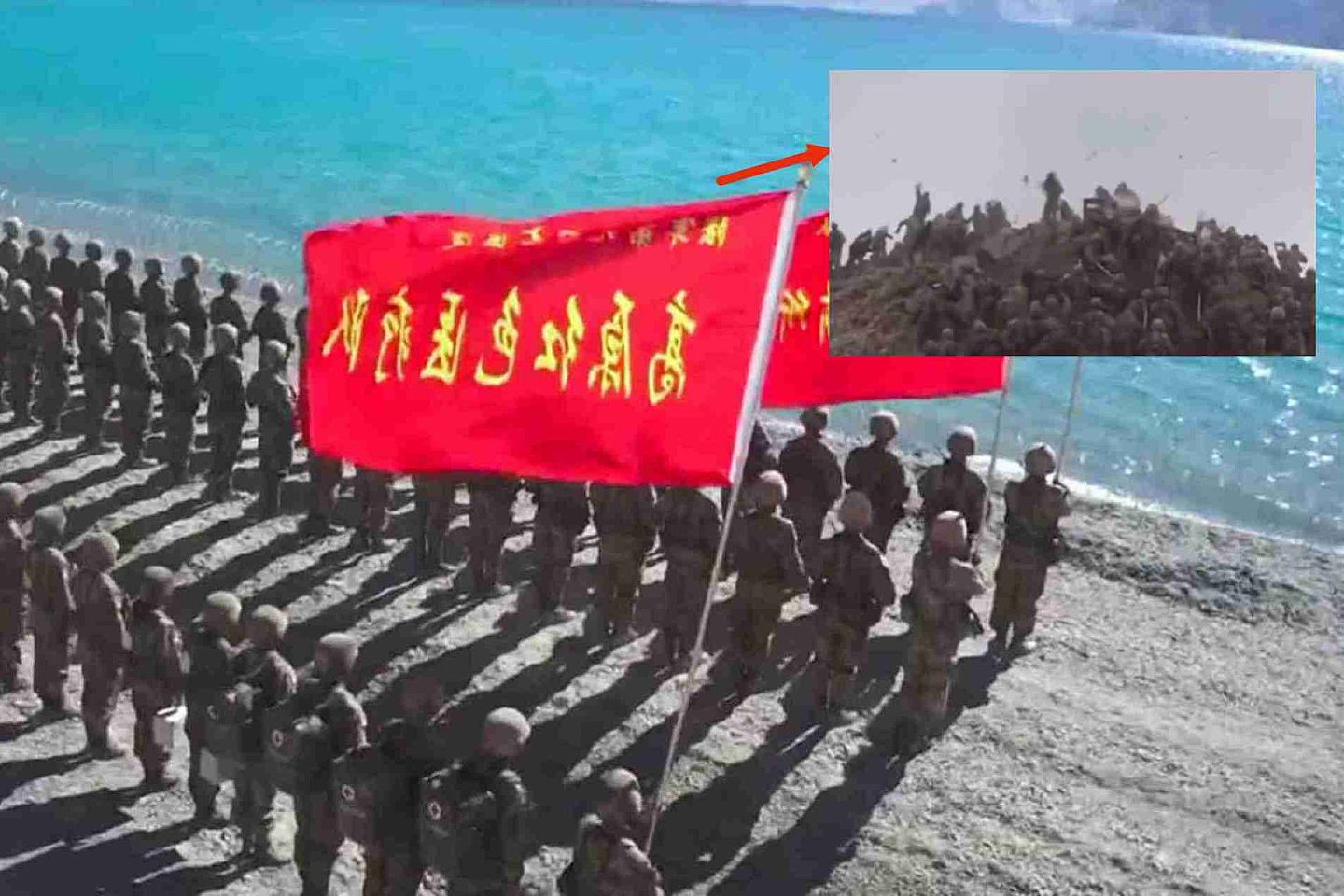 中国央视此前披露班公湖地区画面，图为驻扎该地的解放军。（中国央视截图）