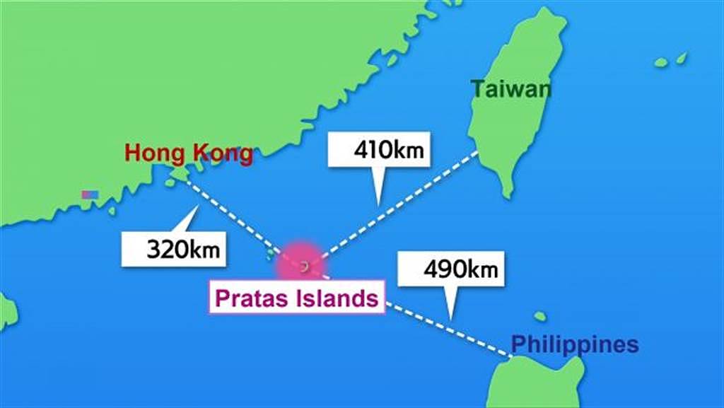 日本东视制作的东沙岛距大陆、台湾与菲律宾距离图。（图／日本BS东视）