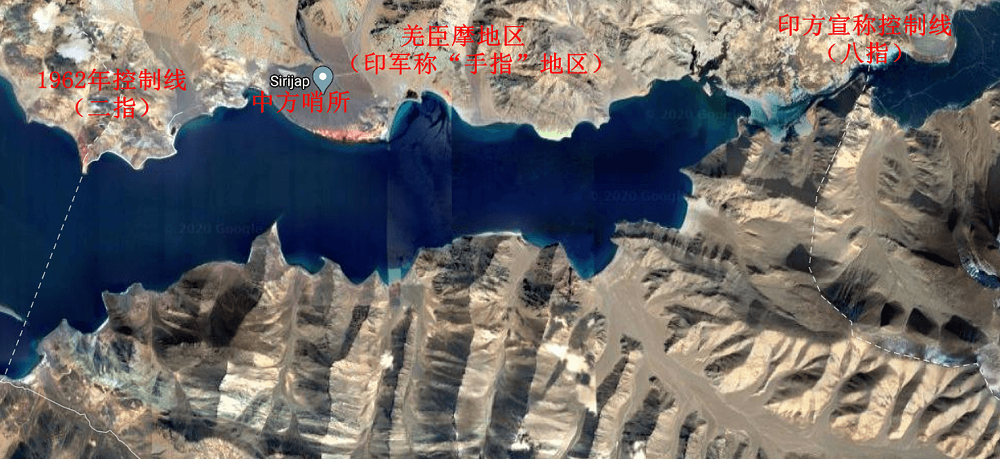 对印方来说，班公湖北岸山地是难以突破的，2020年5月中印两军在北岸的斗殴事件就证明了这一点。（谷歌地图截图）