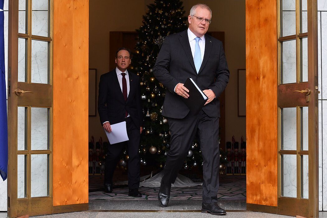 澳大利亚总理斯科特·莫里森（右）本月在堪培拉。他的保守党政府在气候变化问题上几乎无所作为。