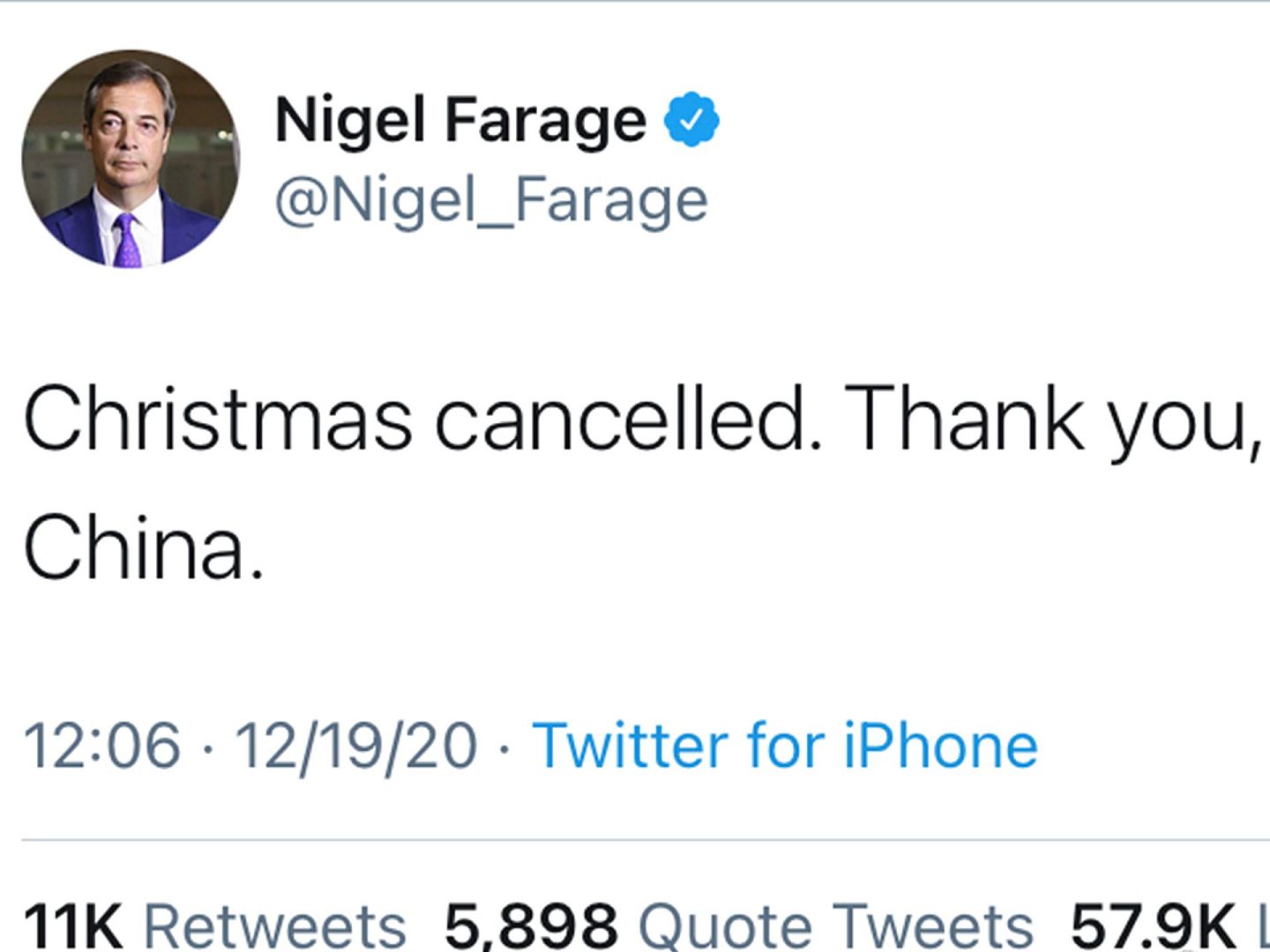 英国政客法拉奇发推文将疫情矛头指向中国。（Twitter@Nigel_Farage）