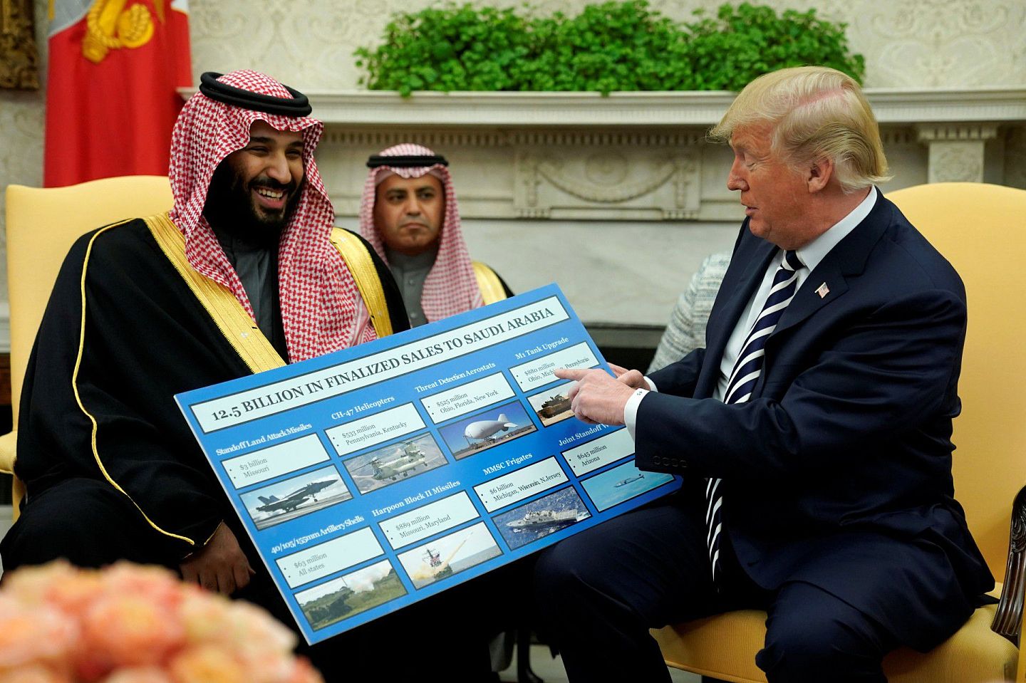 美国总统特朗普（右）因沙特大量向美购买武器，而对该国相当纵容。（路透社）