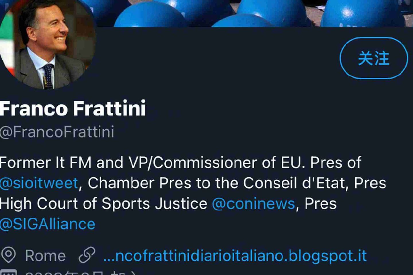 弗朗科·弗拉蒂尼现年62岁，曾两次在贝卢斯科尼（Silvio Berlusconi）政府担任外交部长（Twitter@Franco Frattini）