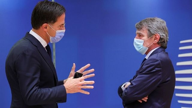 Dutch Prime Minister Mark Rutte speaks with European Parliament President David-Maria Sassoli