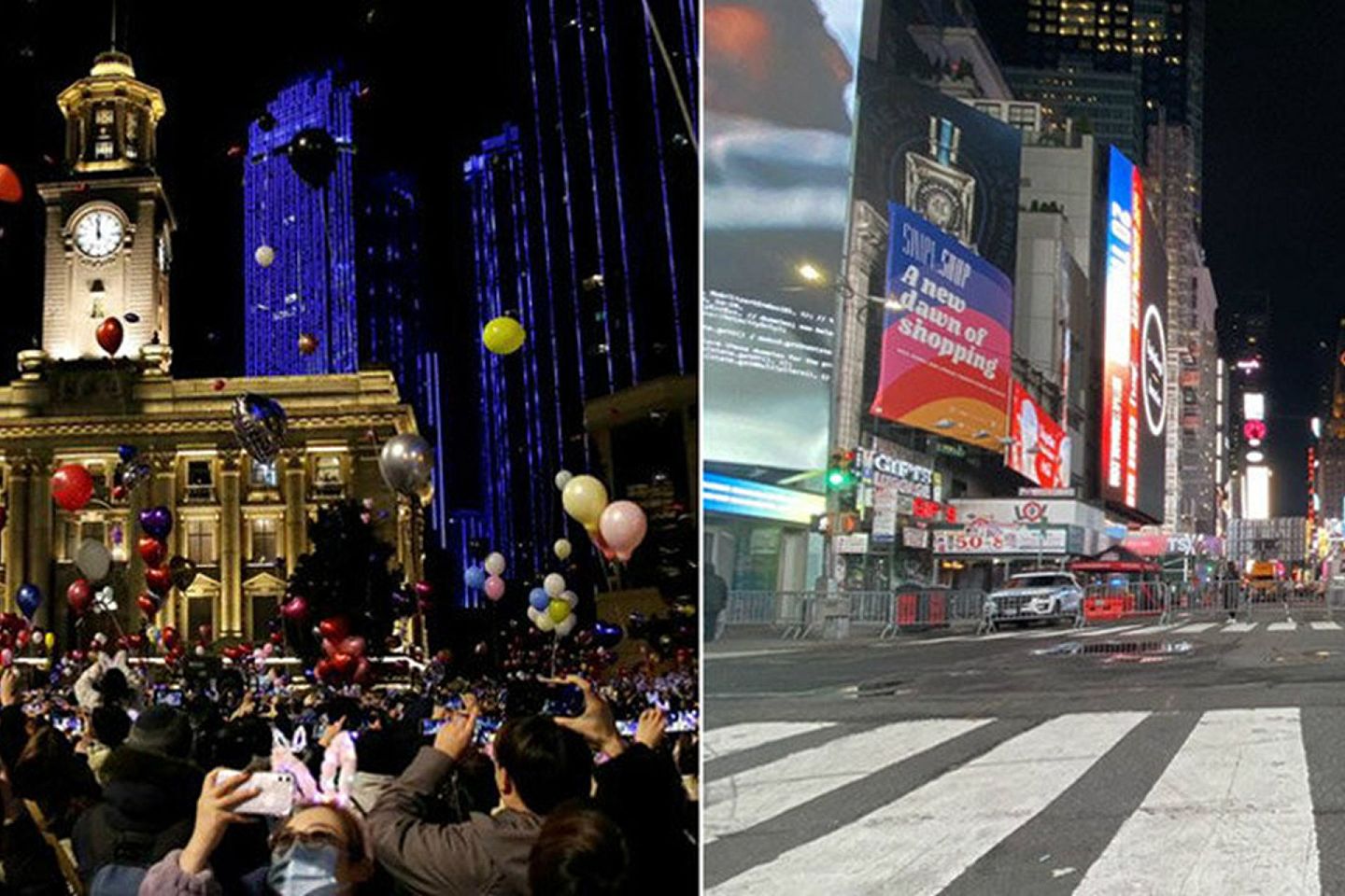 2021年跨年夜，中国武汉（左）和美国纽约街景对比。（微博@月明观星雨）