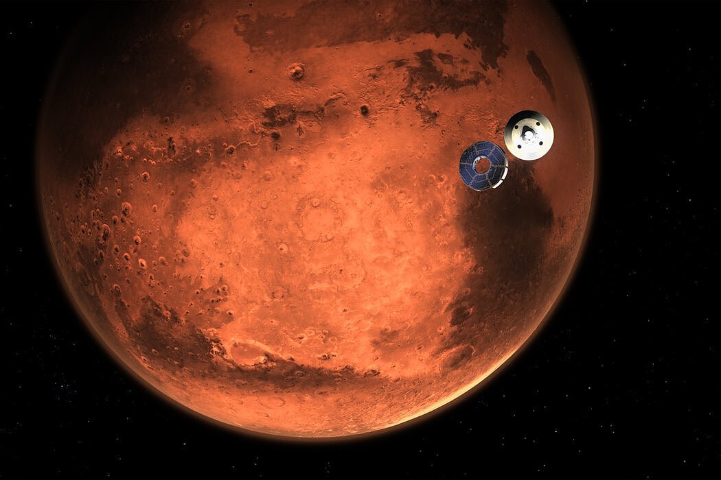 美国宇航局的“恒心号”火星车在进入火星大气层前与巡航阶段的航天器脱离的图释。