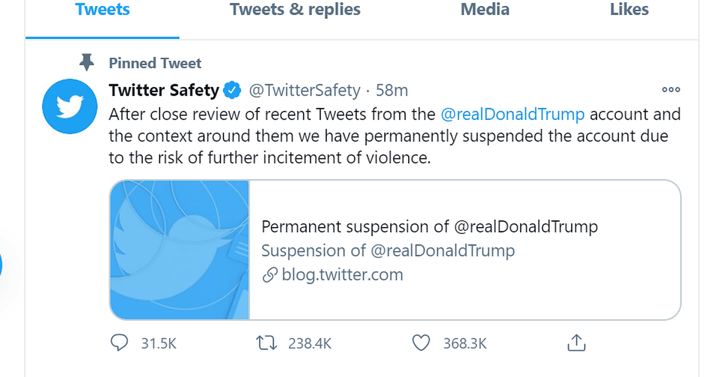 推特（Twitter）2021年1月8日宣布，永久封禁美国总统特朗普（Donald Trump）的账号，理由是“有进一步煽动暴力的风险”。（Twitter@TwitterSafety）