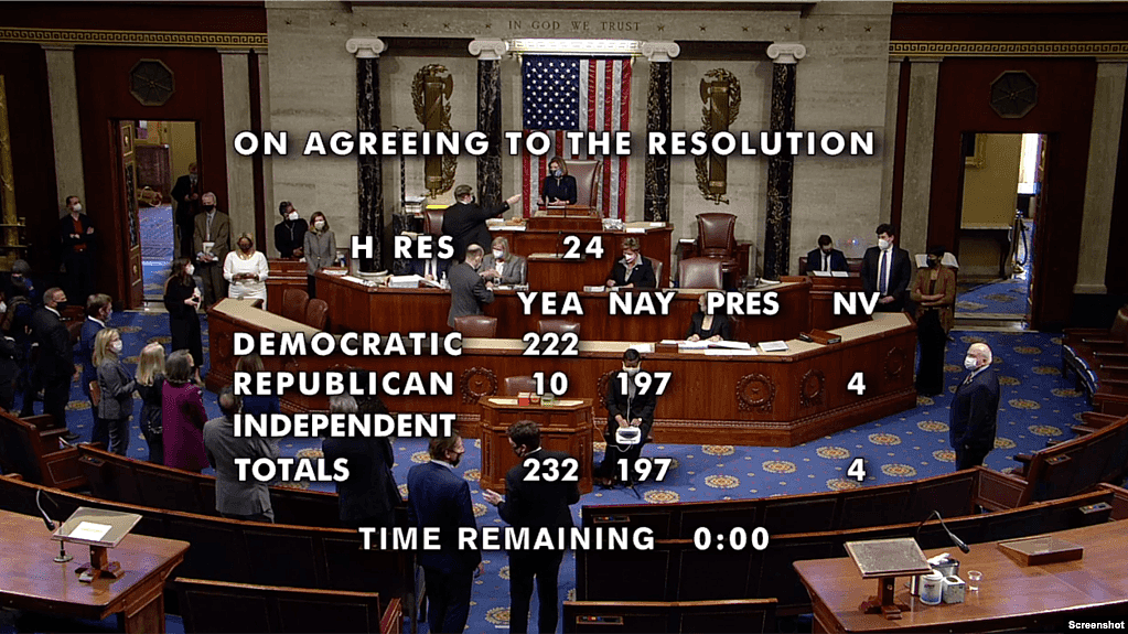美国国会众议院星期三（1月13日）通过决议，对特朗普总统进行二度弹劾。