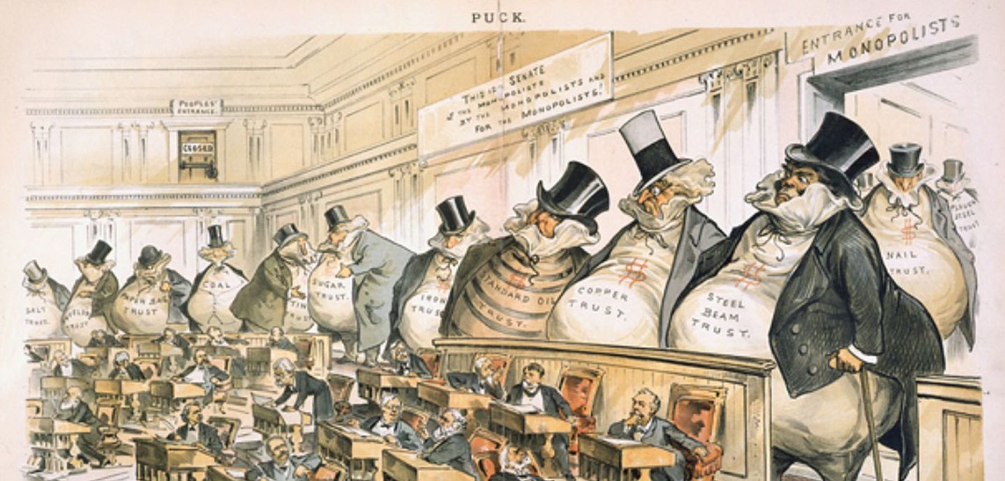 创作于1889年的著名讽刺漫画《参议院的老板们》展示了当时美国钢铁、煤炭、石油等产业巨头操纵政治的局面。画面左上角供“人民”进出的门也被封死了。一百多年后，这一情况并无更多变化。（美国参议院网站截图）
