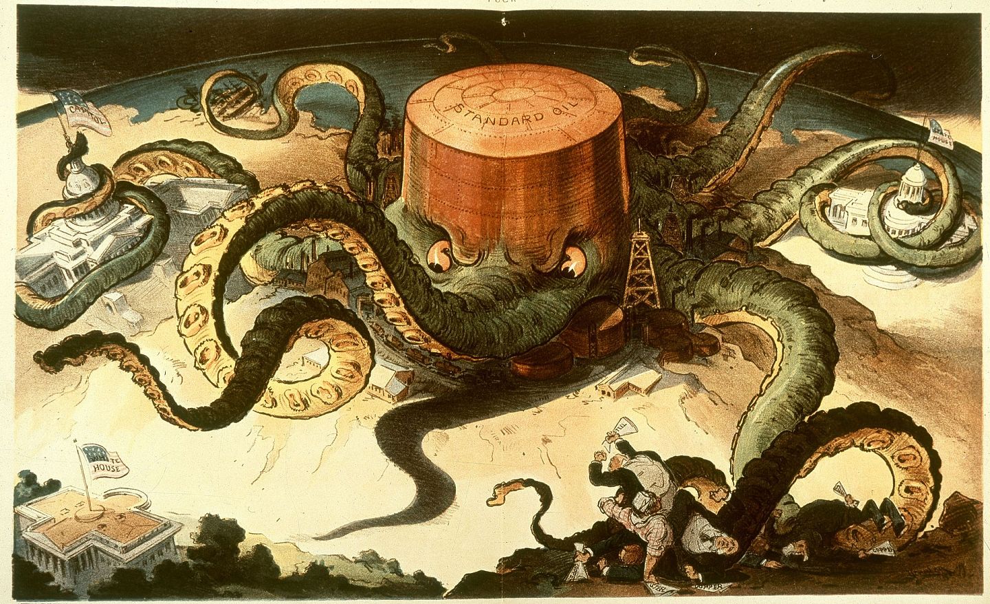 除《参议院的老板们》之外，19世纪末20世纪初的著名杂志《泼克》（Puck）还刊登了一幅讽刺洛克菲勒家族的标准石油公司（Standard Oil）几乎掌握美国政治的漫画，而今，这幅老画上的章鱼似乎只要改个名字就能完美贴合时事。（维基百科公有领域）