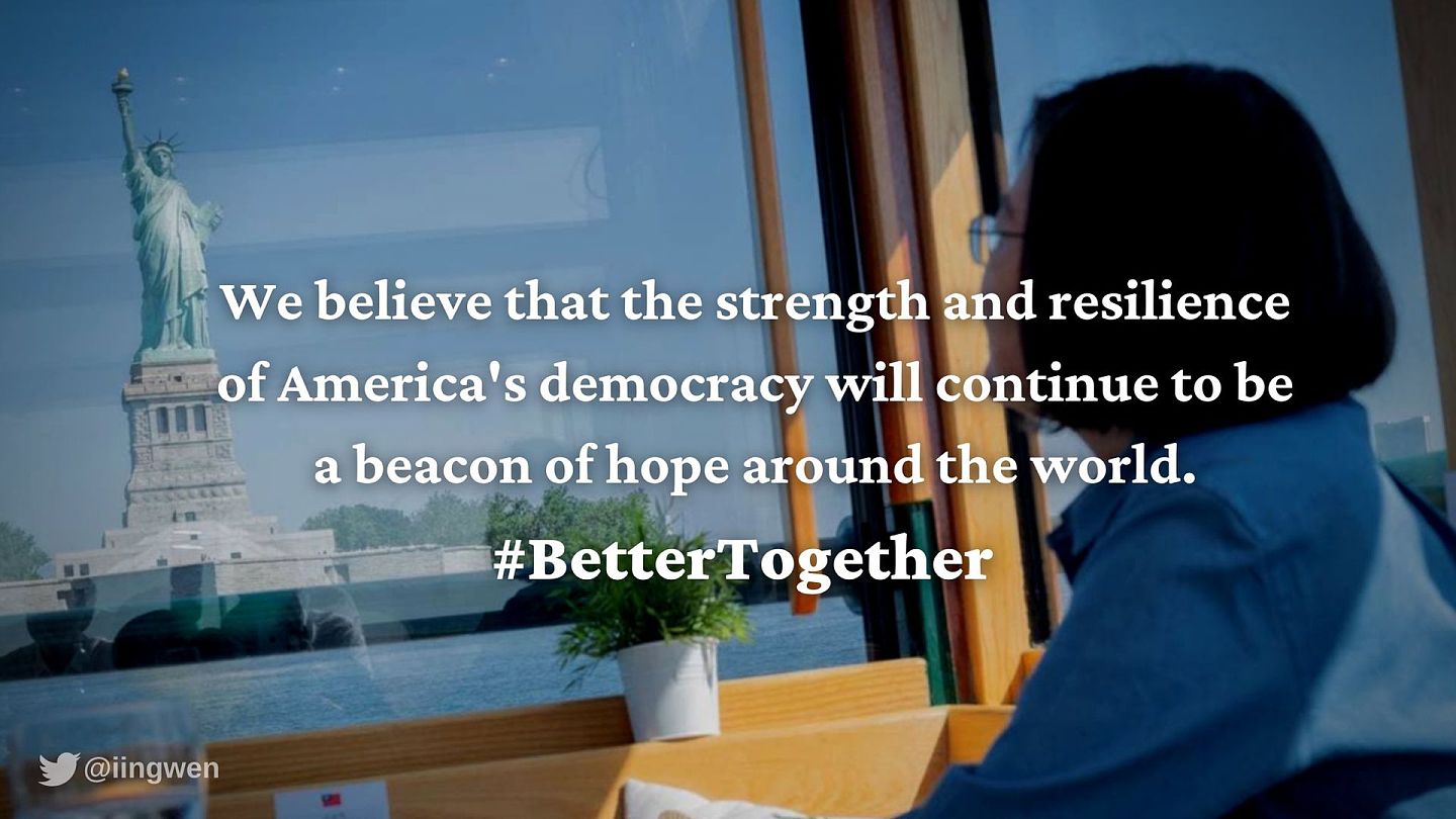 美国国会暴动事件发生后，蔡英文于推特上表示，美国民主的强健与韧性将持续是世界的希望灯塔。（Twitter@蔡英文 Tsai Ing-wen）