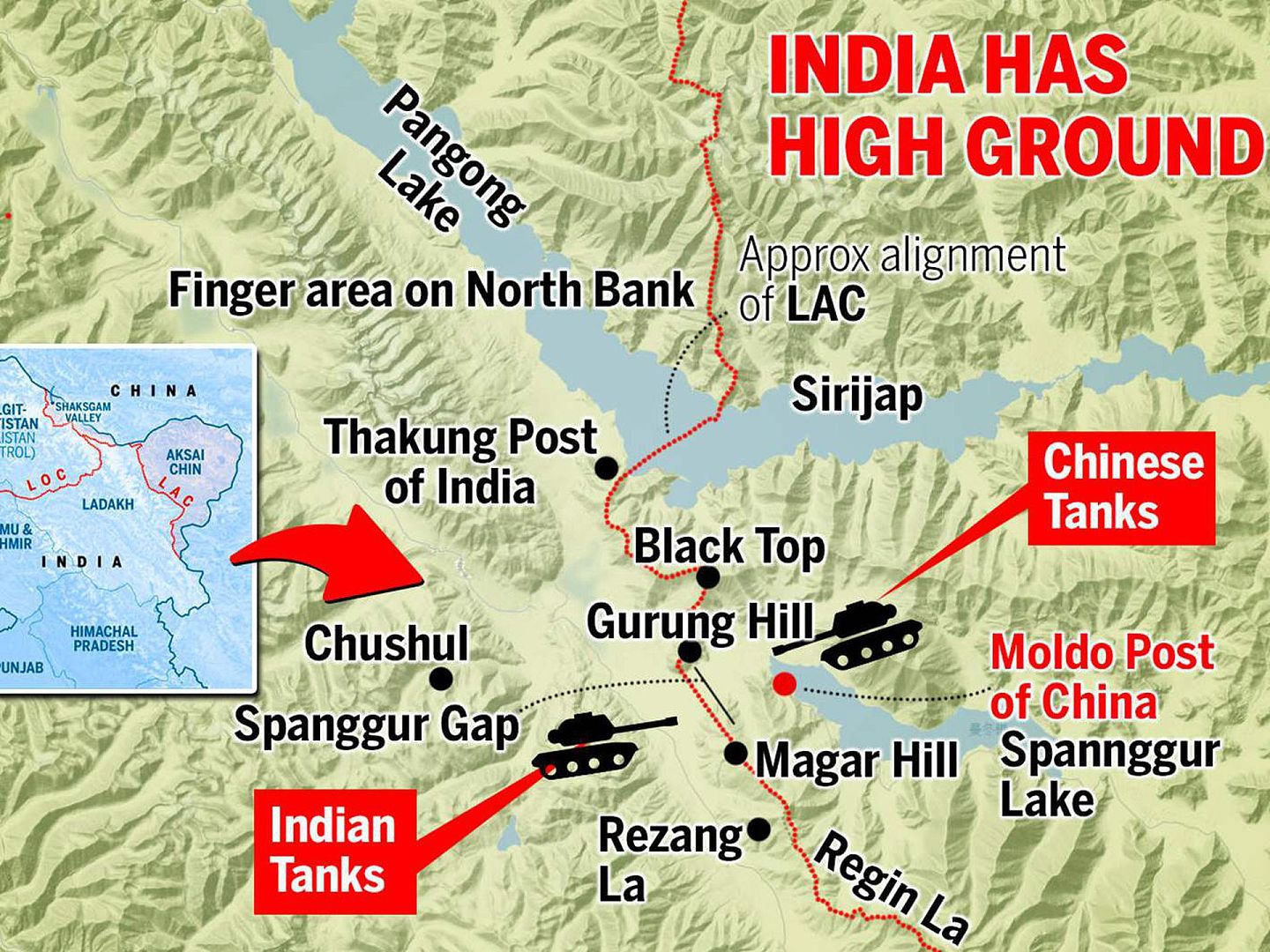 中印军队在班公湖对峙。印度军队2020年8月29日晚采取行动，占领了班公湖南岸关键高地。两军已出动坦克对峙，局势一触即发。（The Times of India）