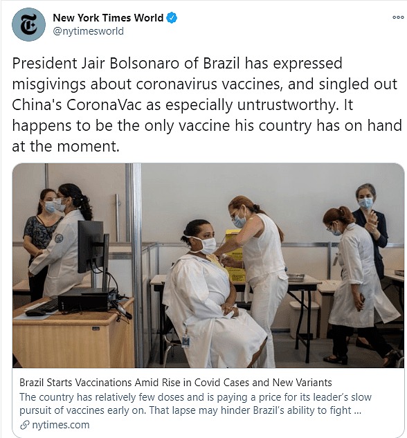 巴西疫苗接种如火如荼，总统表示：我不信中国疫苗，但我没得选
