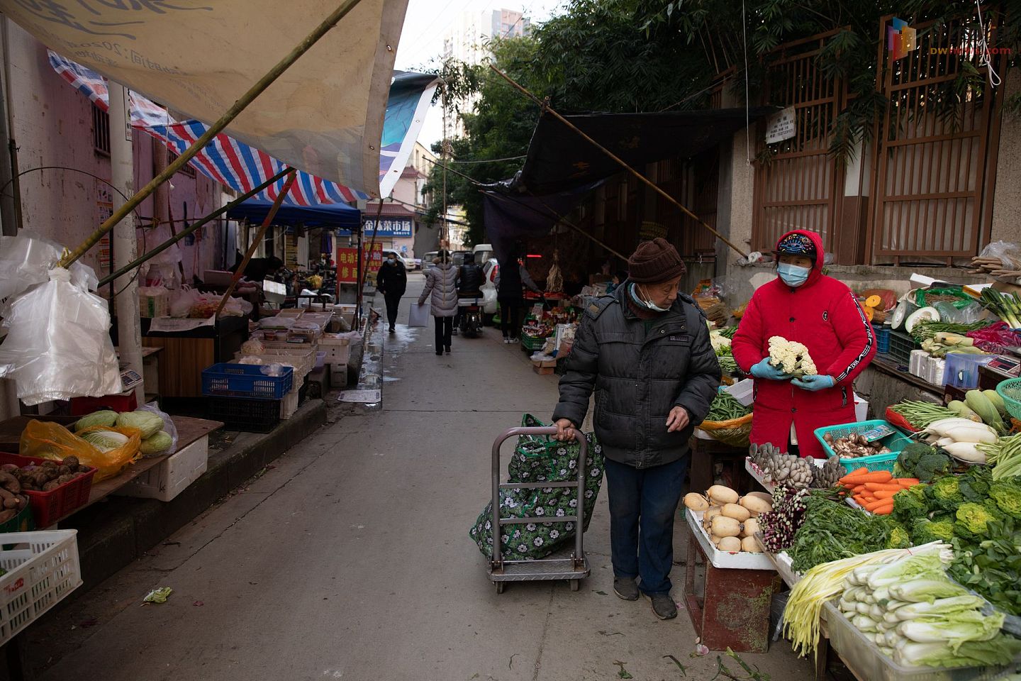 2020年12月4日，华南海鲜市场旁边的小巷子里有多位路边摆摊的小贩。（多维新闻）