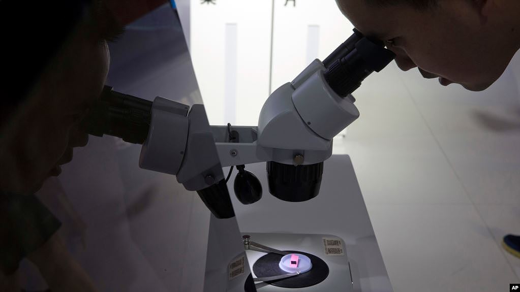 北京国际科技产品展览会上，参观者通过显微镜观看一个电脑芯片。