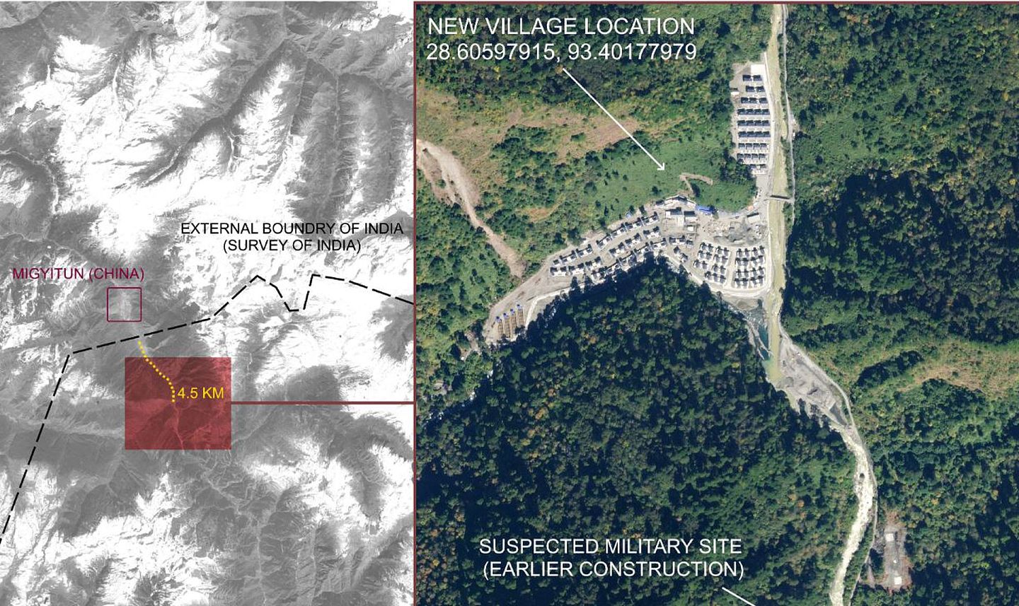 NDTV称，中国建成的这座村庄，处在实控线的印度一侧。左图中黑色线被标注为“麦克马洪线”（McMahon Line），黄色线为NDTV认为的越界4.5公里，红色区域为珞瓦新村。右图为卫星拍摄的珞瓦新村地形图，T字形上面的横线已延伸建设为道路。（新德里电台网站截图）