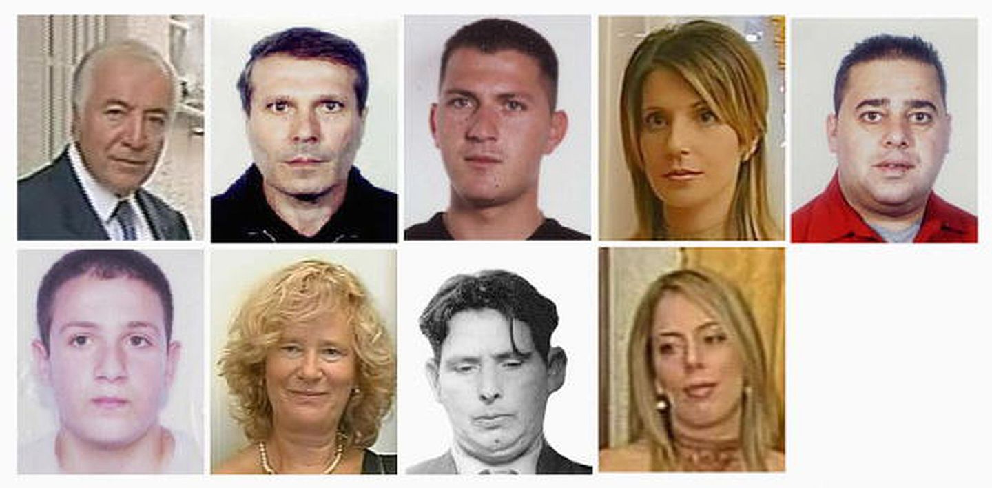 2008年5月9日，卡拉布里亚警方公布的于2007年发生在德国杜伊斯堡的“8-15袭击案”中的犯罪嫌疑人照片，全部嫌疑人均有光荣会背景。（Getty Images）