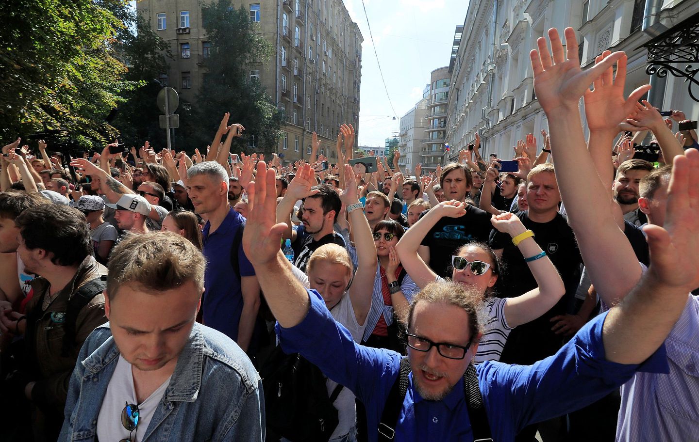 2019年7月底，莫斯科有大量民众上街示威抗议。（路透社）